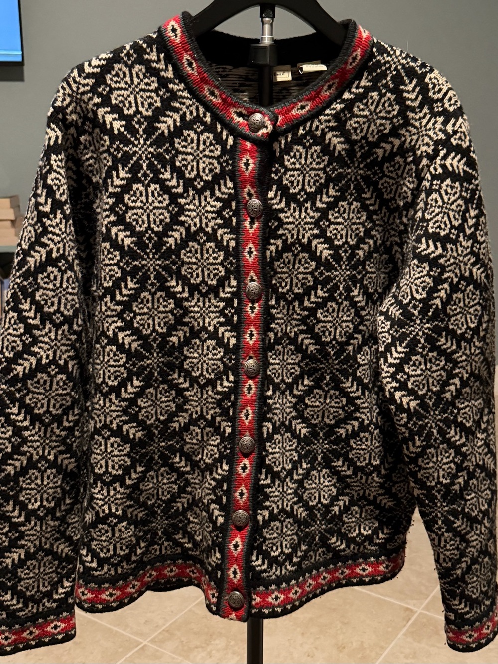 L.L. Bean Black and Cream Nordic-Pattern Button Cardigan with Red Trim